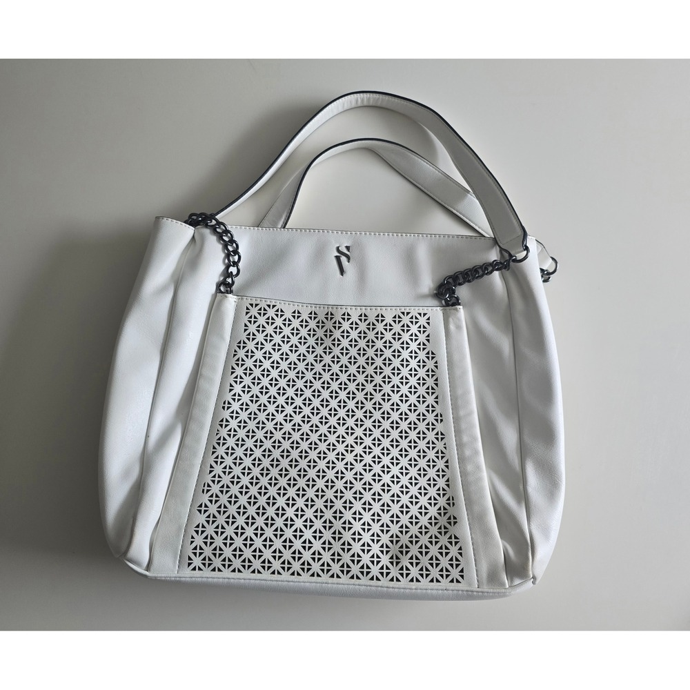Simply Vera Vera Wang White Laser Cut Faux Leather Tote Bag Chain Strap Gunmetal